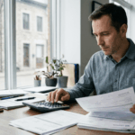 Dirigeant de PME calculant des coûts avec une calculatrice et des factures sur son bureau