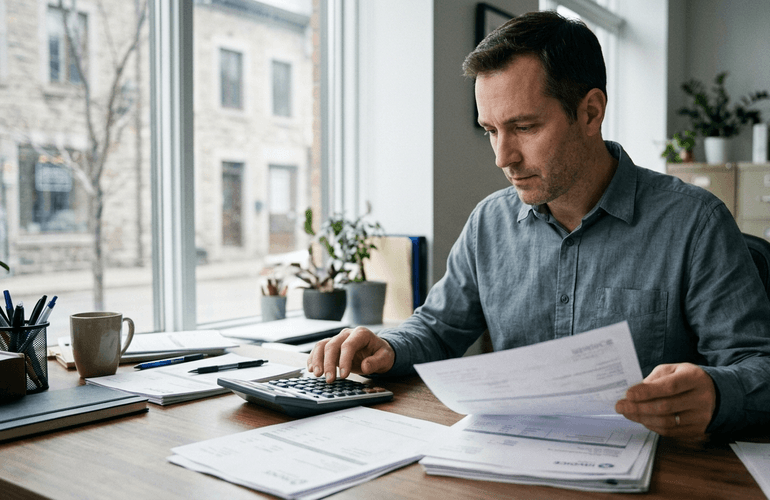 Dirigeant de PME calculant des coûts avec une calculatrice et des factures sur son bureau