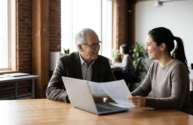 Fondateur senior et jeune repreneuse révisant des documents ensemble dans un bureau