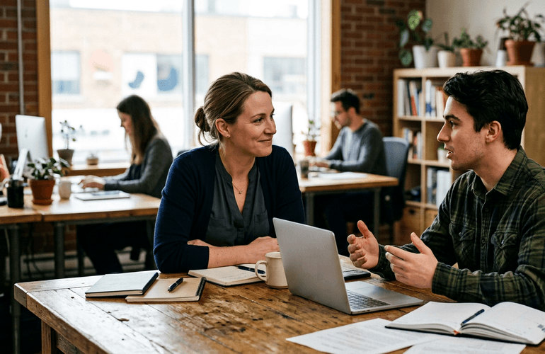 Gestionnaire discutant avec un employé autour d'un ordinateur portable dans un bureau de PME